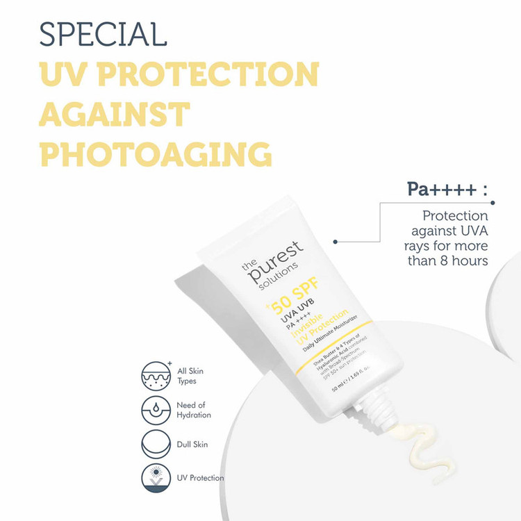 کرم ضد آفتاب بیرنگ صورت پیورست سولوشن SPF 50 مدل Invisible UV Protection محافظ در برابر UVA + UVB مناسب برای انواع پوست حجم 50 میلیلیتر