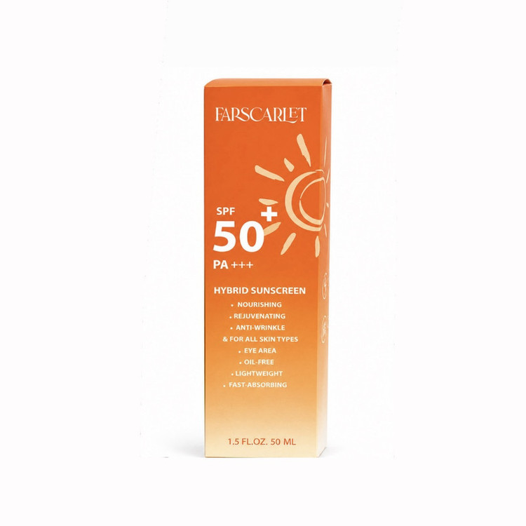 کرم ضد آفتاب بی رنگ فارسکارلت SPF 50 مدل hibrid محافظ UVA , UVB مناسب برای انواع پوست حجم 50 میلی لیتر
