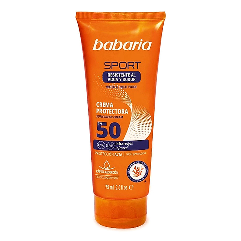 کرم ضد آفتاب بی‌رنگ صورت باباریا SPF 50 مدل  Sport Protectora محافظ در برابر محافظ UVB و UVA  ‌مناسب برای انواع پوست حجم 75 میلی‌لیتر