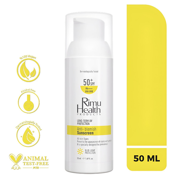 کرم ضد آفتاب بدون رنگ ریمو هلث SPF 50 مدل ANTI BLEMISHE محافظ UVA ،UVB و PA+++، ضد لک، ضد حساسیت، ضد چروک و ضد پیری، مناسب انواع پوست حجم 50 میلیلیتر