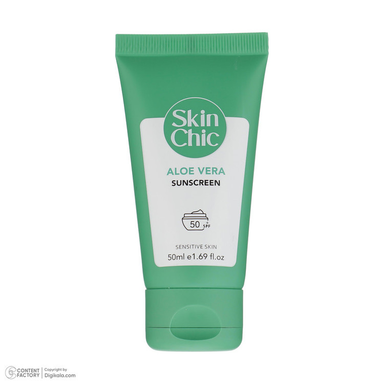 کرم ضد آفتاب بدون رنگ اسکین شیک SPF 50 مدل Aloe Vera مناسب پوستهای حساس حجم 50 میلیلیتر