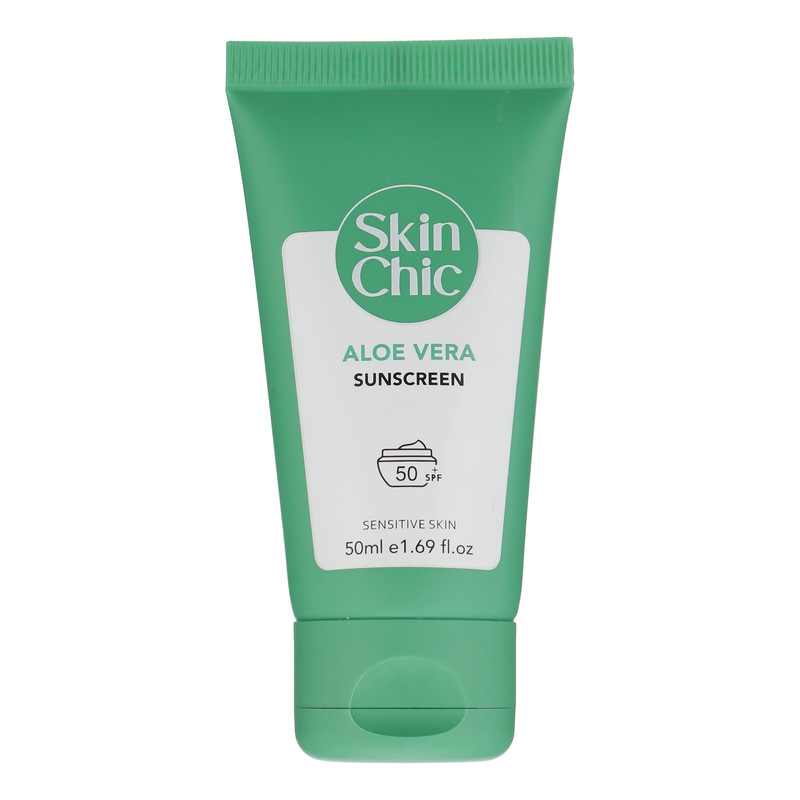 کرم ضد آفتاب بدون رنگ اسکین شیک SPF 50 مدل Aloe Vera  ‌مناسب پوست‌های حساس حجم 50 میلی‌لیتر