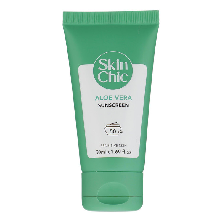 کرم ضد آفتاب بدون رنگ اسکین شیک SPF 50 مدل Aloe Vera مناسب پوستهای حساس حجم 50 میلیلیتر