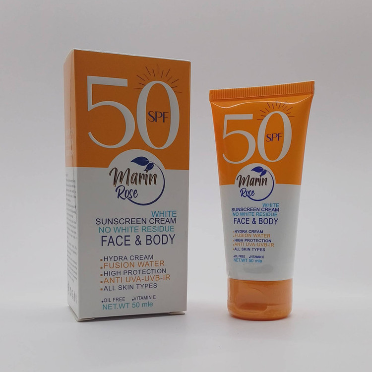 کرم ضد آفتاب بی رنگ صورت و بدن مارین رز SPF50 مدل OIL FREE محافظتکننده در برابر اشعه UVA و UVB مناسب انواع پوست حجم ۵۰ میلی لیتر