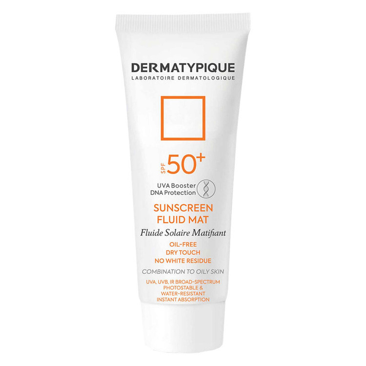 فلوئید ضدآفتاب بیرنگ درماتیپیک SPF50 مدل Fluid mat، مناسب پوستهای چرب و مختلط، حجم 40 میلیلیتر