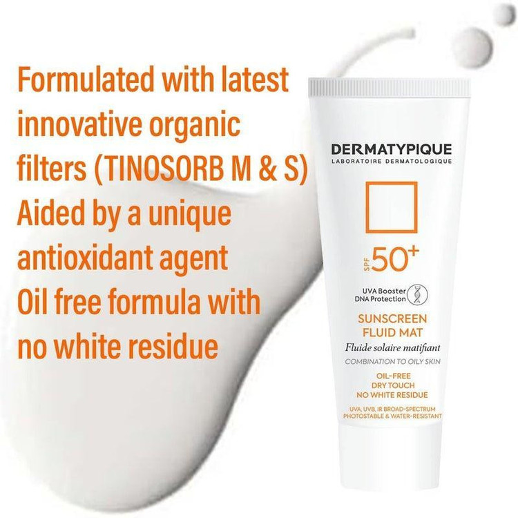 فلوئید ضدآفتاب بیرنگ درماتیپیک SPF50 مدل Fluid mat، مناسب پوستهای چرب و مختلط، حجم 40 میلیلیتر