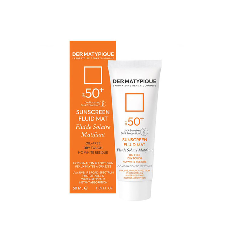 فلوئید ضدآفتاب بیرنگ درماتیپیک SPF50 مدل Fluid mat، مناسب پوستهای چرب و مختلط، حجم 40 میلیلیتر