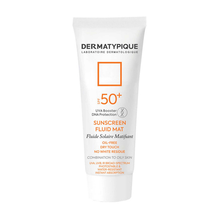 فلوئید ضدآفتاب بیرنگ درماتیپیک SPF50 مدل Fluid mat، مناسب پوستهای چرب و مختلط، حجم 40 میلیلیتر