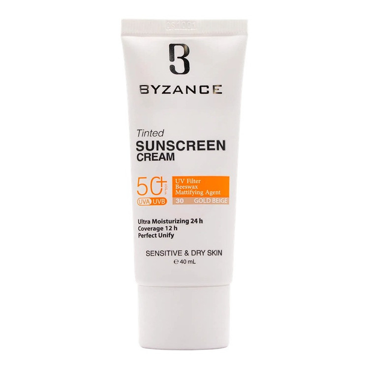 کرم ضد آفتاب رنگی صورت بیزانس SPF 50 مدل Gold Beight 30 محافظ در برابر UVA/UVB مناسب برای پوست خشک حساس حجم 40 میلیلیتر