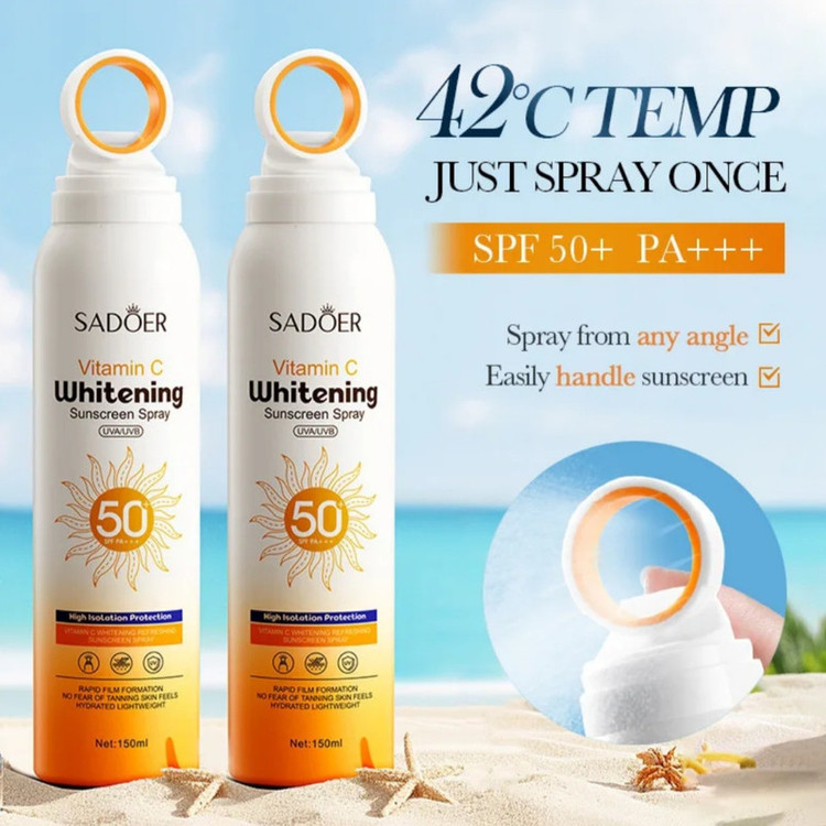 اسپری ضد آفتاب بدون رنگ سادور SPF 50 مدل ویتامین سی محافظ UVA ، UVB و +++PA مناسب برای انواع پوست حجم 150 میلی لیتر