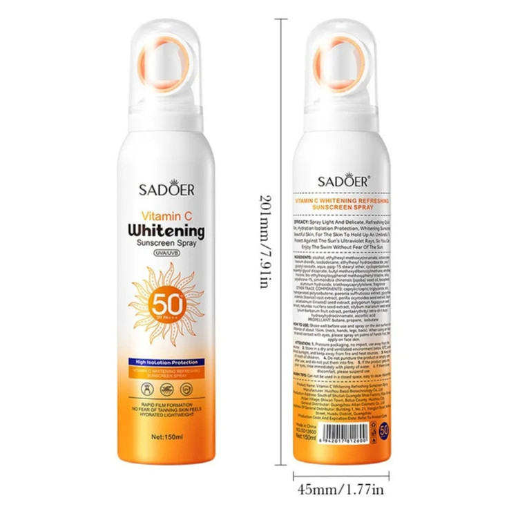 اسپری ضد آفتاب بدون رنگ سادور SPF 50 مدل ویتامین سی محافظ UVA ، UVB و +++PA مناسب برای انواع پوست حجم 150 میلی لیتر