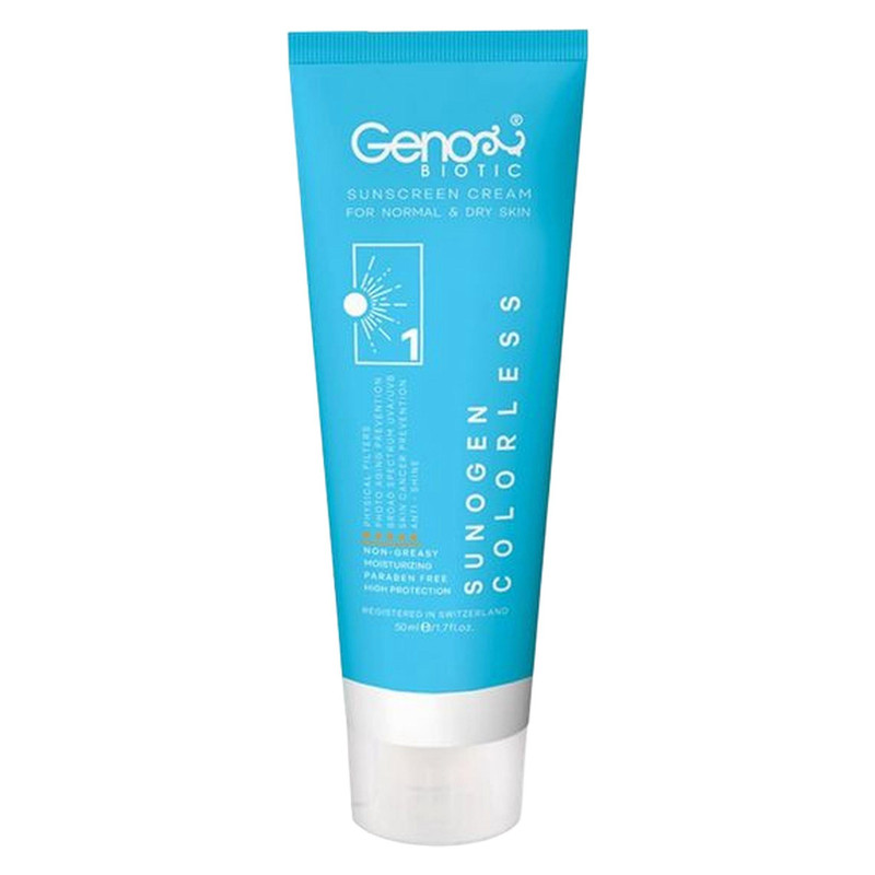 کرم ضد آفتاب بی‌رنگ ژنوبایوتیک SPF 50 مدل 388 ‌مناسب پوست‌های حجم میلی‌لیتر