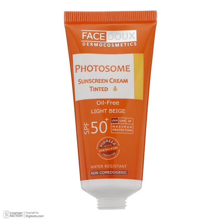 کرم ضد آفتاب رنگی فیس دوکس، SPF 50، مدل فتوزوم، مناسب انواع پوست با تنالیته روشن و حجم 40 میلیلیتر، غیر کومدونزا، ضد آب، محافظتکننده در برابر اشعههای UVA و UVB، دارای فرمولاسیون فاقد چربی، با ماندگاری 2 ساعته