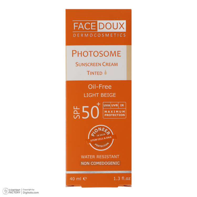 کرم ضد آفتاب رنگی فیس دوکس، SPF 50، مدل فتوزوم، مناسب انواع پوست با تنالیته روشن و حجم 40 میلیلیتر، غیر کومدونزا، ضد آب، محافظتکننده در برابر اشعههای UVA و UVB، دارای فرمولاسیون فاقد چربی، با ماندگاری 2 ساعته