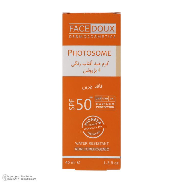 کرم ضد آفتاب رنگی فیس دوکس، SPF 50، مدل فتوزوم، مناسب انواع پوست با تنالیته روشن و حجم 40 میلیلیتر، غیر کومدونزا، ضد آب، محافظتکننده در برابر اشعههای UVA و UVB، دارای فرمولاسیون فاقد چربی، با ماندگاری 2 ساعته