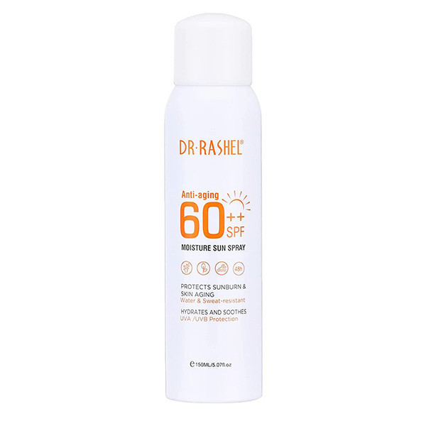 اسپری ضد آفتاب بدون رنگ دکتر راشل SPF 60 مدل anti aging مناسب برای انواع پوست حجم 150 میلیلیتر