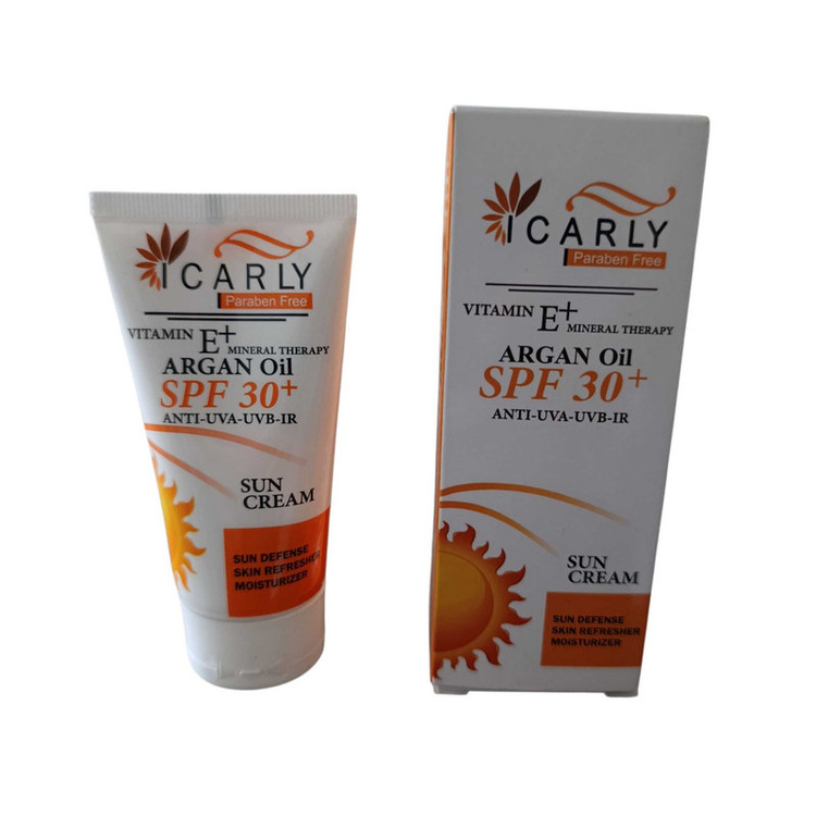 کرم ضد آفتاب بیرنگ صورت آی کارلی SPF ۳۰ مدل آرگان محافظ UVA و UVB مناسب برای انواع پوست حجم ۵۰ میلیلیتر