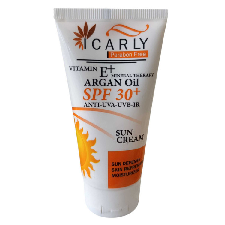 کرم ضد آفتاب بیرنگ صورت آی کارلی SPF ۳۰ مدل آرگان محافظ UVA و UVB مناسب برای انواع پوست حجم ۵۰ میلیلیتر