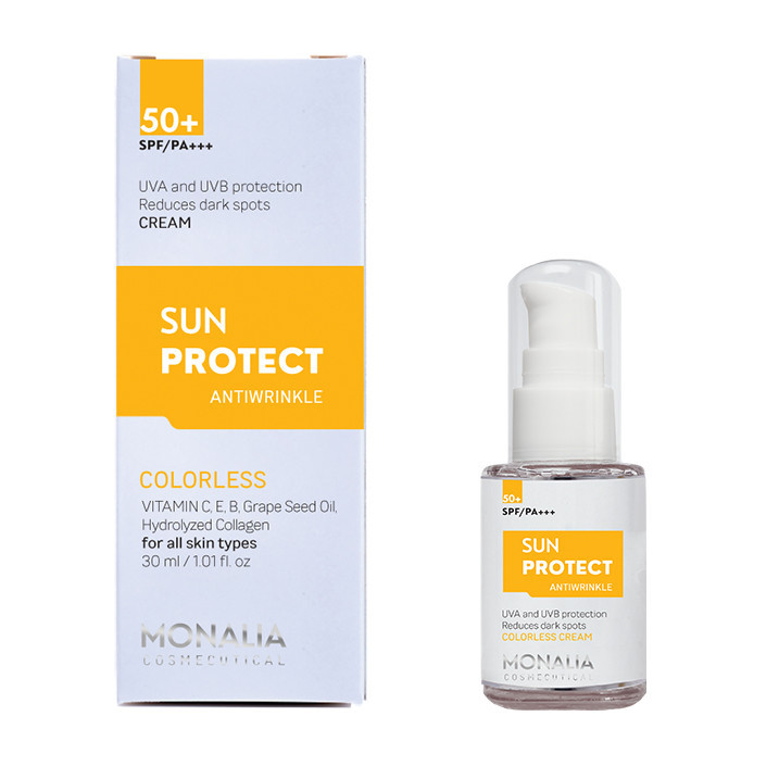کرم ضد آفتاب بیرنگ مونالیا، 50 SPF، مدل SUNPROTECT، مناسب انواع پوست با حجم 30 میلیلیتر، محافظتکننده در برابر اشعههای UVA و UVB، ضد آب، PA+++، ضد چروک، دارای فرمولاسیون کلاژن، ویتامینهای E، C و B، بدون پارابن، الکل و چربی، با ماندگاری 3 ساعته