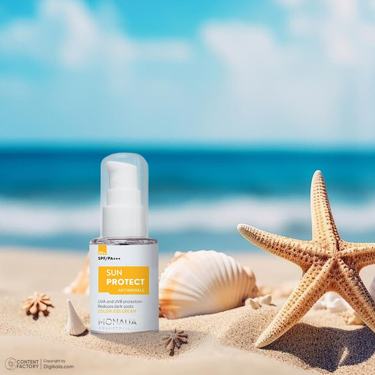 کرم ضد آفتاب بیرنگ مونالیا، 50 SPF، مدل SUNPROTECT، مناسب انواع پوست با حجم 30 میلیلیتر، محافظتکننده در برابر اشعههای UVA و UVB، ضد آب، PA+++، ضد چروک، دارای فرمولاسیون کلاژن، ویتامینهای E، C و B، بدون پارابن، الکل و چربی، با ماندگاری 3 ساعته