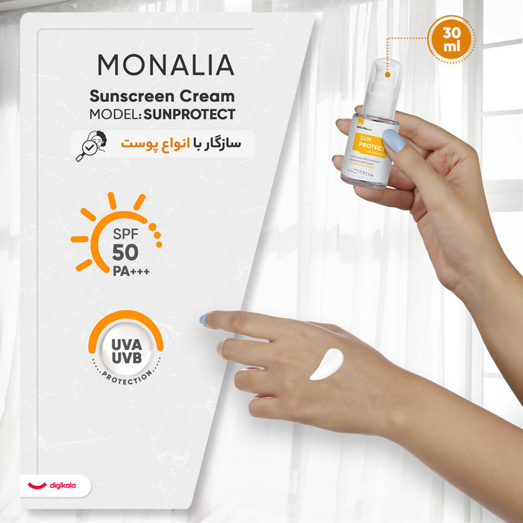 کرم ضد آفتاب بیرنگ مونالیا، 50 SPF، مدل SUNPROTECT، مناسب انواع پوست با حجم 30 میلیلیتر، محافظتکننده در برابر اشعههای UVA و UVB، ضد آب، PA+++، ضد چروک، دارای فرمولاسیون کلاژن، ویتامینهای E، C و B، بدون پارابن، الکل و چربی، با ماندگاری 3 ساعته