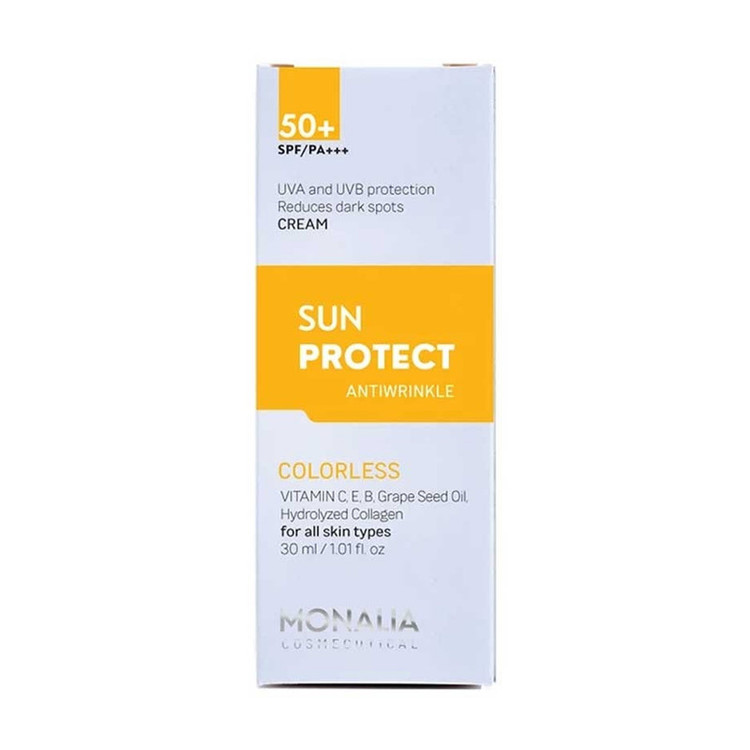 کرم ضد آفتاب بیرنگ مونالیا، 50 SPF، مدل SUNPROTECT، مناسب انواع پوست با حجم 30 میلیلیتر، محافظتکننده در برابر اشعههای UVA و UVB، ضد آب، PA+++، ضد چروک، دارای فرمولاسیون کلاژن، ویتامینهای E، C و B، بدون پارابن، الکل و چربی، با ماندگاری 3 ساعته
