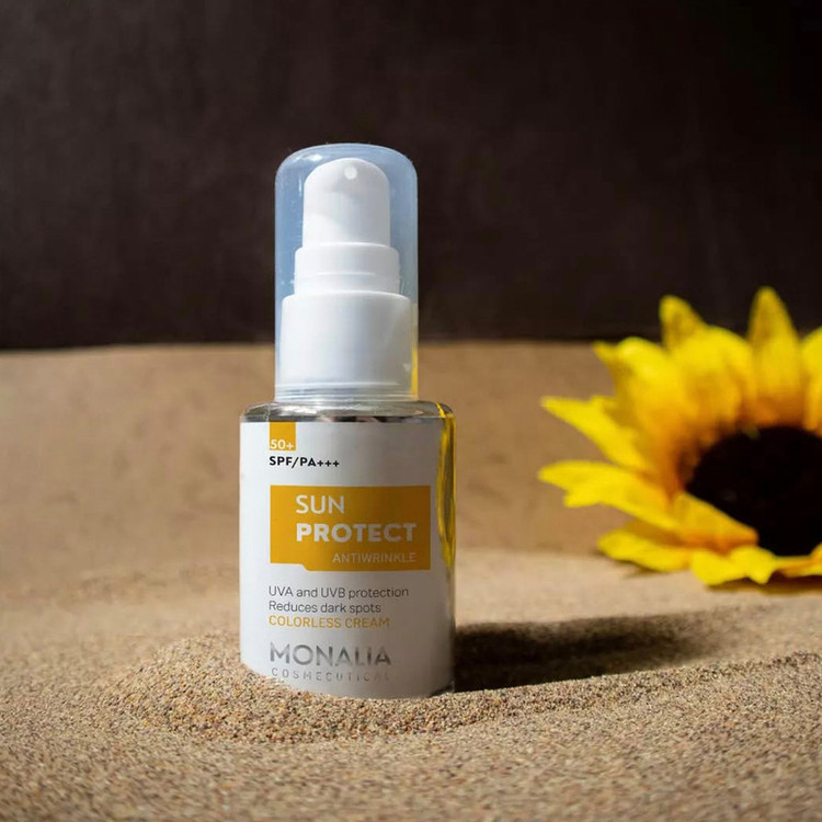 کرم ضد آفتاب بیرنگ مونالیا، 50 SPF، مدل SUNPROTECT، مناسب انواع پوست با حجم 30 میلیلیتر، محافظتکننده در برابر اشعههای UVA و UVB، ضد آب، PA+++، ضد چروک، دارای فرمولاسیون کلاژن، ویتامینهای E، C و B، بدون پارابن، الکل و چربی، با ماندگاری 3 ساعته