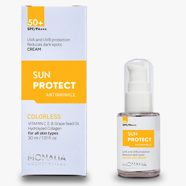 کرم ضد آفتاب بیرنگ مونالیا، 50 SPF، مدل SUNPROTECT، مناسب انواع پوست با حجم 30 میلیلیتر، محافظتکننده در برابر اشعههای UVA و UVB، ضد آب، PA+++، ضد چروک، دارای فرمولاسیون کلاژن، ویتامینهای E، C و B، بدون پارابن، الکل و چربی، با ماندگاری 3 ساعته