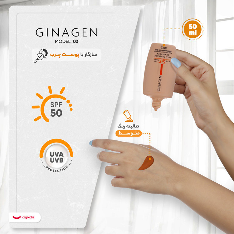 کرم ضدآفتاب ژیناژن SPF50 مدل 02، مناسب پوستهای چرب، حجم 50 میلیلیتر