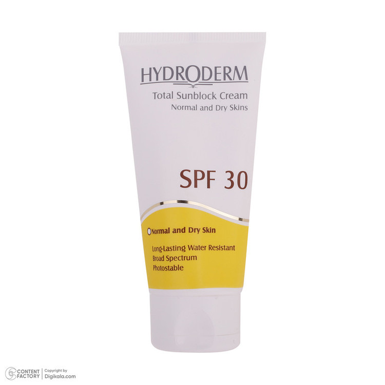 کرم ضدآفتاب بیرنگ هیدرودرم SPF30، مناسب پوستهای نرمال و خشک، حجم 50 میلیلیتر