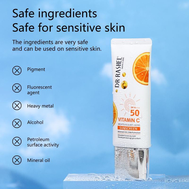 کرم ضد آفتاب بدون رنگ دکتر راشل SPF 50 مدل ویتامین سی مناسب انواع پوست حجم 50 میلیلیتر
