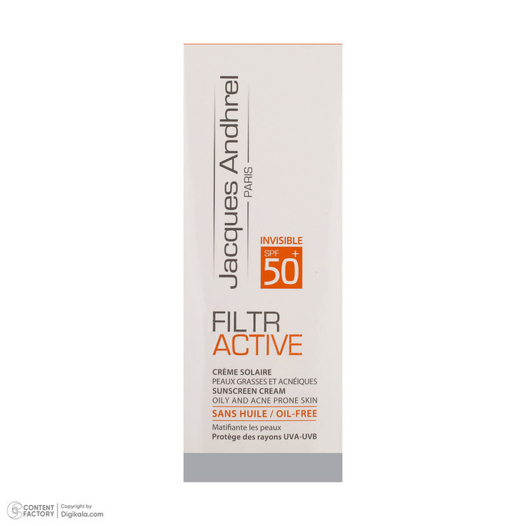 کرم ضد آفتاب بدون رنگ ژاک آندرل پاریس SPF 50 مدل FILTR ACTIVE مناسب پوستهای چرب و مستعد آکنه حجم 50 میلیلیتر
