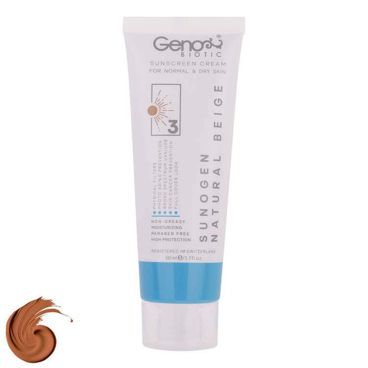کرم ضدآفتاب رنگی ژنوبایوتیک SPF50 مدل NBD3، مناسب پوستهای خشک و معمولی، حجم 50 میلیلیتر