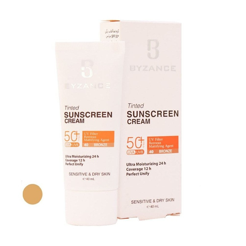 کرم ضد آفتاب رنگی صورت بیزانس SPF 50 مدل Bronze 40 محافظ در برابر UVA/UVB ‌مناسب برای پوست حساس و خشک حجم 40 میلی‌لیتر