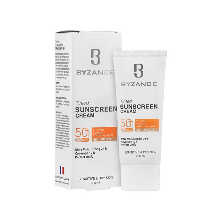 کرم ضد آفتاب رنگی صورت بیزانس SPF 50 مدل Bronze 40 محافظ در برابر UVA/UVB مناسب برای پوست حساس و خشک حجم 40 میلیلیتر