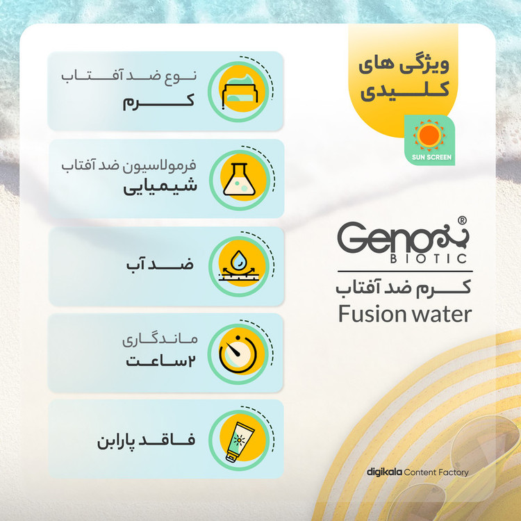 کرم ضدآفتاب بیرنگ ژنوبایوتیک مدل Fusion water مناسب انواع پوست، حجم 30 میلیلیتر