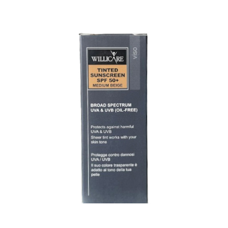 کرم ضد آفتاب رنگی صورت ویلی کر SPF 50 مدل tinted محافظ در برابر اشعه UVA و UVB مناسب برای انواع پوست حجم 40 میلیلیتر