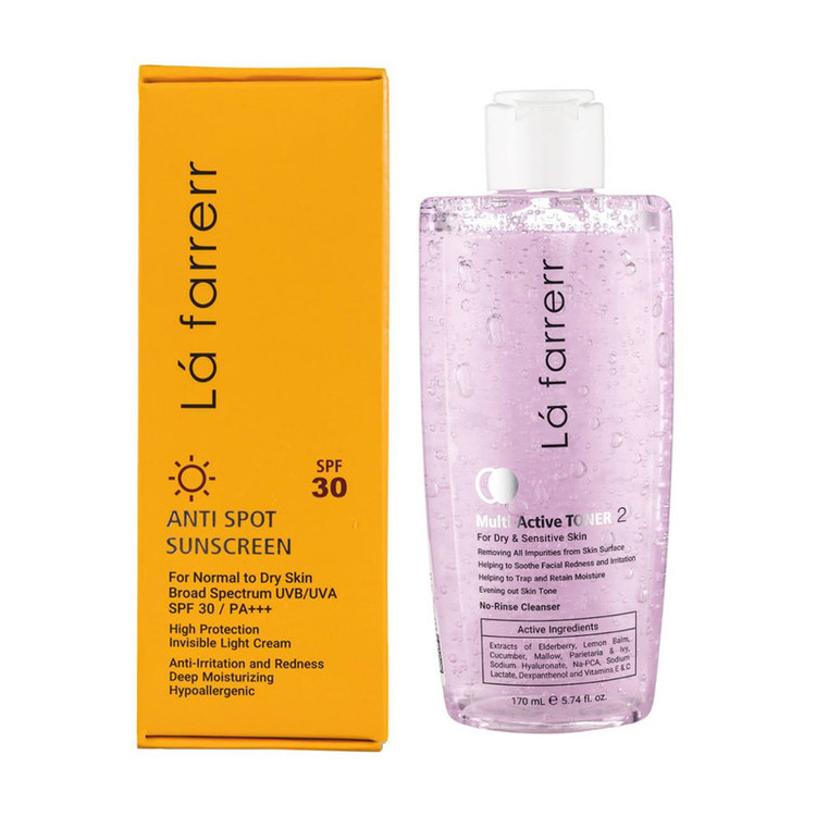 کرم ضد آفتاب بدون رنگ لافارر SPF 30 مدل پوست خشک و حساس مناسب پوستهای حجم 40 میلیلیتر به همراه تونر مدل مولتی اکتیو مناسب پوست خشک حجم 170 میلی لیتر