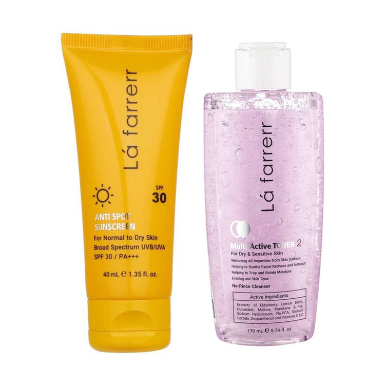 کرم ضد آفتاب بدون رنگ لافارر SPF 30 مدل پوست خشک و حساس مناسب پوستهای حجم 40 میلیلیتر به همراه تونر مدل مولتی اکتیو مناسب پوست خشک حجم 170 میلی لیتر