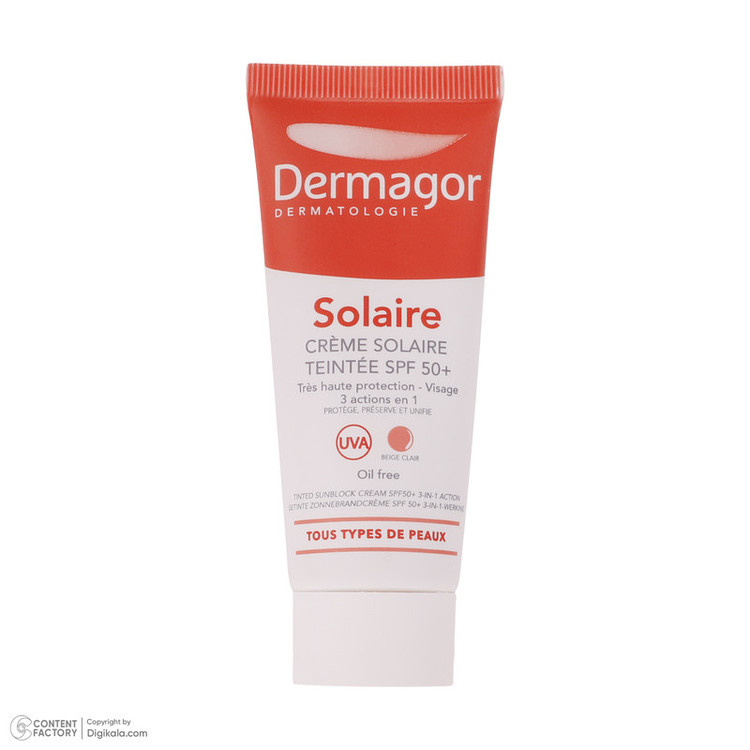 کرم ضدآفتاب رنگی درماگور SPF50 مدل 3 در 1، مناسب پوستهای مختلط، حجم 40 میلیلیتر