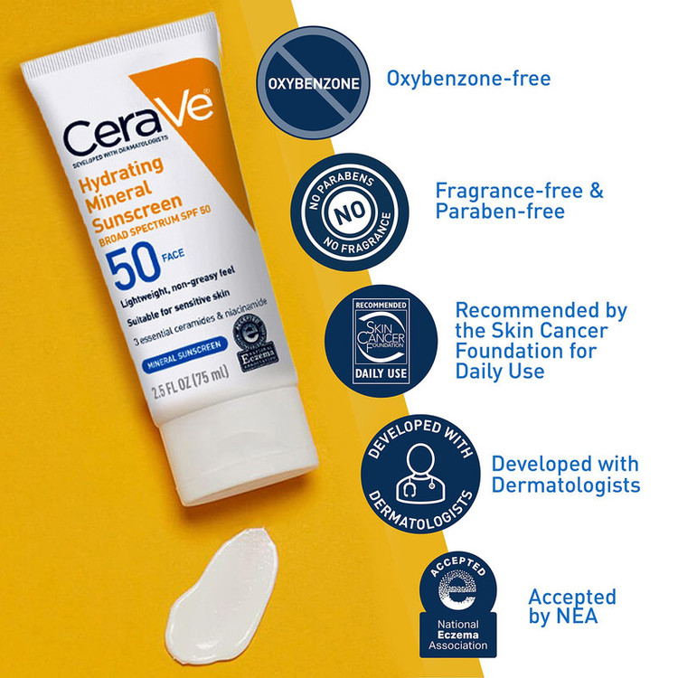 لوسیون ضد آفتاب بدون رنگ سراوی SPF 50 مدل Hydrating Mineral مناسب انواع پوست حجم 75 میلیلیتر