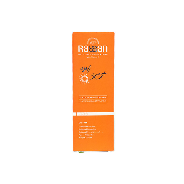 کرم ضد آفتاب بیرنگ صورت راسن SPF 30مدل ویتامین E محافظ در برابر UVA/UVB مناسب برای پوست چرب حجم 40 میلیلیتر