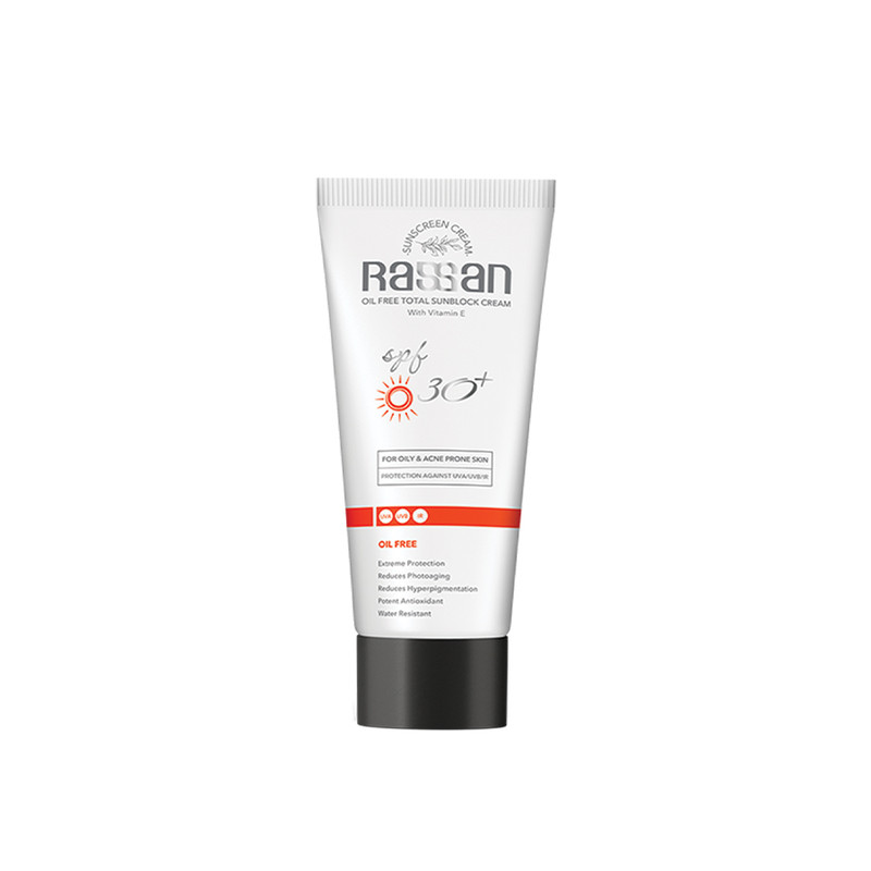 کرم ضد آفتاب بی‌رنگ صورت راسن SPF 30مدل ویتامین E محافظ در برابر UVA/UVB ‌مناسب برای پوست چرب حجم 40 میلی‌لیتر