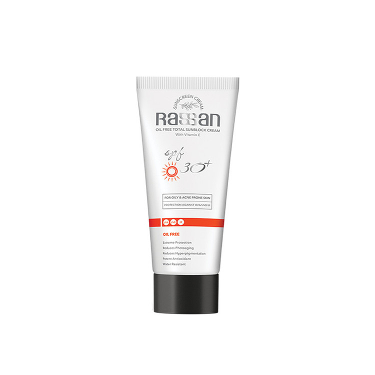کرم ضد آفتاب بیرنگ صورت راسن SPF 30مدل ویتامین E محافظ در برابر UVA/UVB مناسب برای پوست چرب حجم 40 میلیلیتر