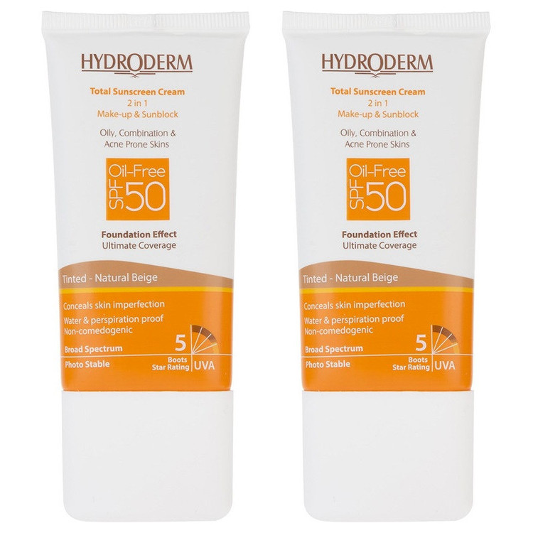کرم ضد آفتاب رنگی هیدرودرم SPF 50 مدل NB مناسب پوستهای چرب و مختلط حجم 40 میلیلیتر مجموعه دو عددی