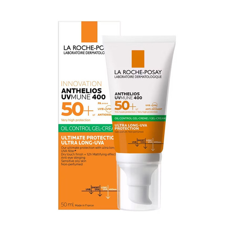 ژل کرم ضد آفتاب بیرنگ لاروش پوزای، SPF 50، مدل UVMune400 OilControl، مناسب پوستهای چرب، حساس و مختلط با حجم 50 میلیلیتر، ضد آب، محافظتکننده در برابر اشعههای UVA و PA ،UVB++++، ضد لک، دارای فرمولاسیون فاقد چربی و آنتی اکسیدان، با ماندگاری 2 ساعته