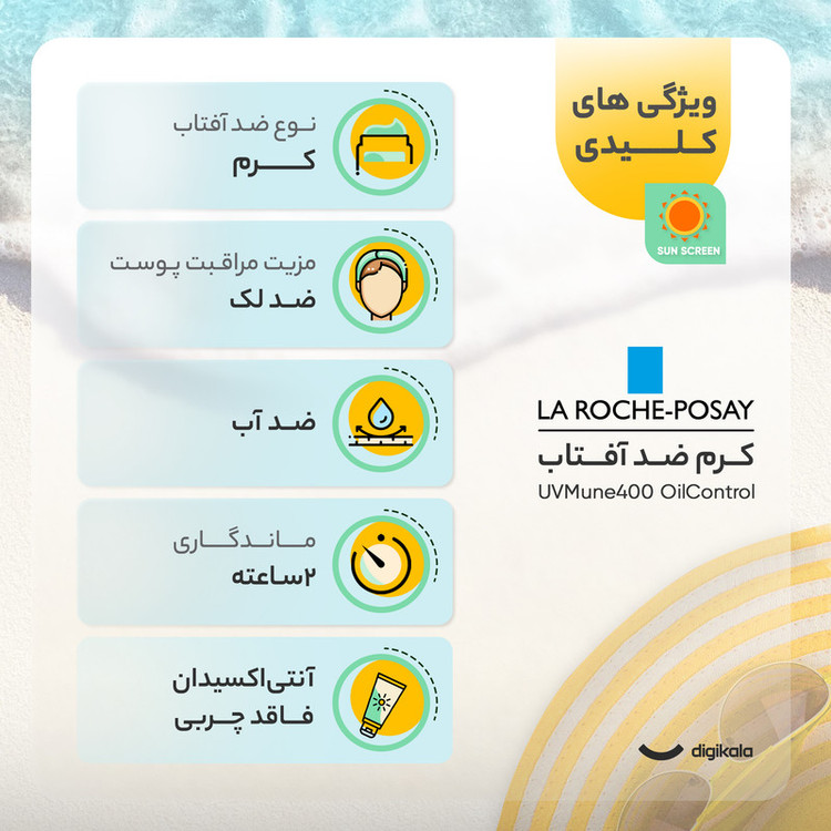 ژل کرم ضد آفتاب بیرنگ لاروش پوزای، SPF 50، مدل UVMune400 OilControl، مناسب پوستهای چرب، حساس و مختلط با حجم 50 میلیلیتر، ضد آب، محافظتکننده در برابر اشعههای UVA و PA ،UVB++++، ضد لک، دارای فرمولاسیون فاقد چربی و آنتی اکسیدان، با ماندگاری 2 ساعته
