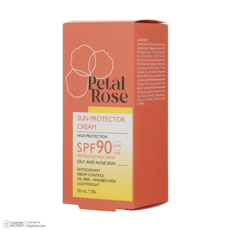 کرم ضد آفتاب رنگی پتال رز SPF 90 مدل 01 مناسب پوستهای چرب حجم 50 میلیلیتر