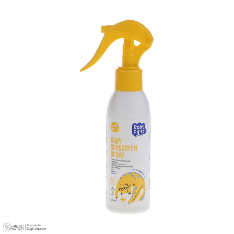 اسپری ضد آفتاب بدون رنگ بیبی فرست SPF 50 مدل پروبیوتیک محافظت کننده در برابر اشعه UVB,UVA با PA+++ مناسب پوستهای معمولی حجم 150 میلیلیتر