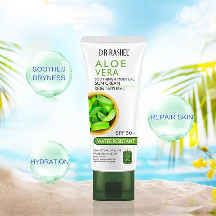 کرم ضد آفتاب بدون رنگ دکتر راشل SPF 50 مدل Aloevera مناسب انواع پوست حجم 60 میلیلیتر